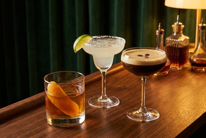 Three classic cocktails on a dark wood bar: an old fashioned, a margarita, and an espresso martini