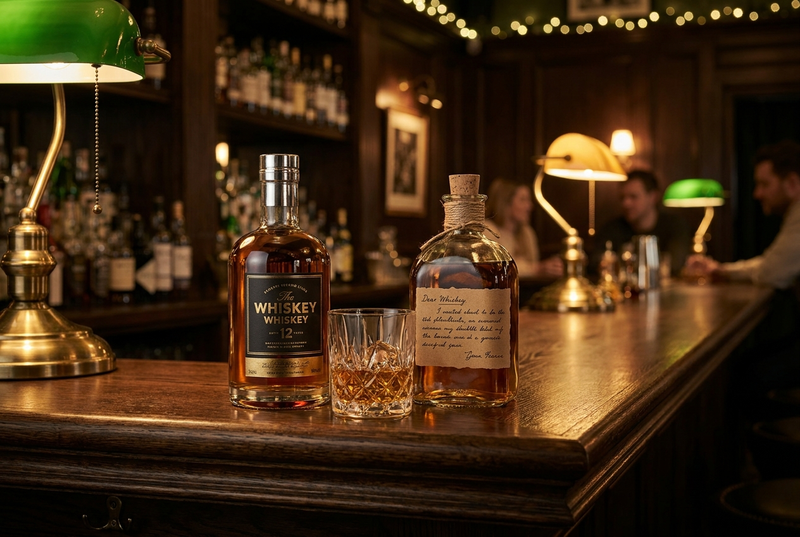 A polished mass-market whiskey bottle beside a rustic craft small-batch bottle on a dark wood bar