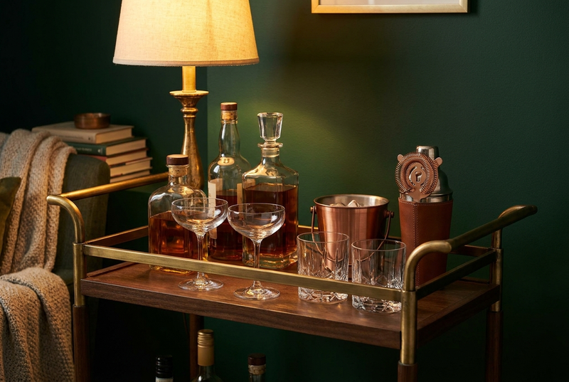 A warmly lit home bar cart with amber spirit bottles, coupe and rocks glasses, and bar tools