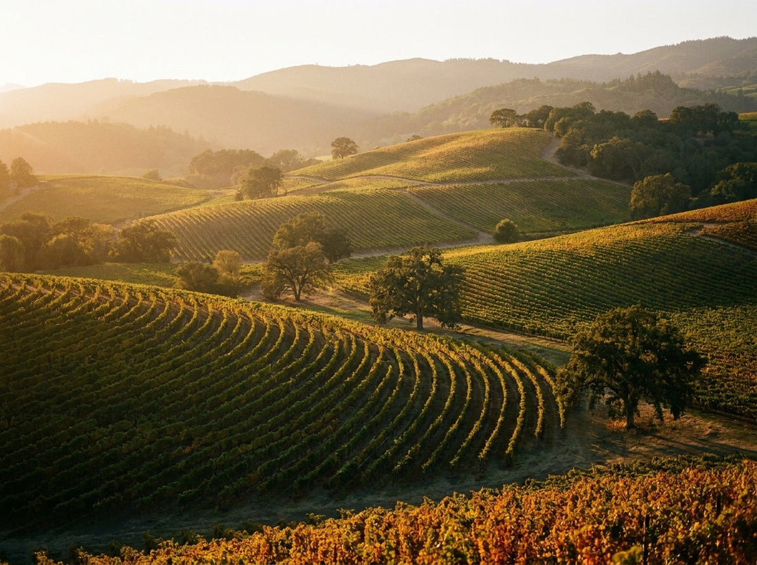North American wine country vineyard at golden hour
