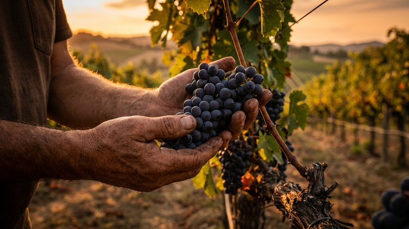 A winemaker's weathered hands cradling a cluster of dark wine grapes in a vineyard at golden hour