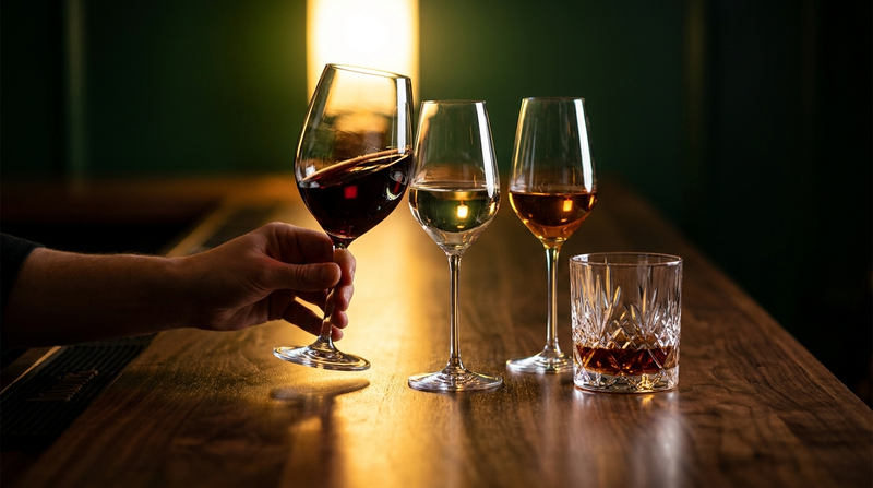 Three wine glasses with red and white pours and a glass of amber whiskey on a dark bar