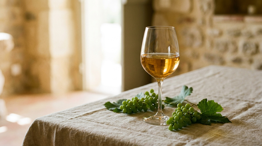 A glass of golden white wine in natural light beside grapes