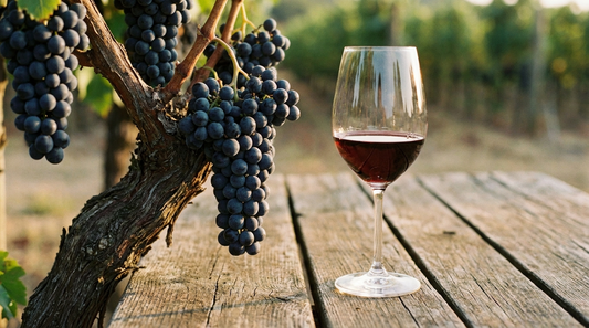Fresh wine grapes beside a glass of red wine on rustic wood
