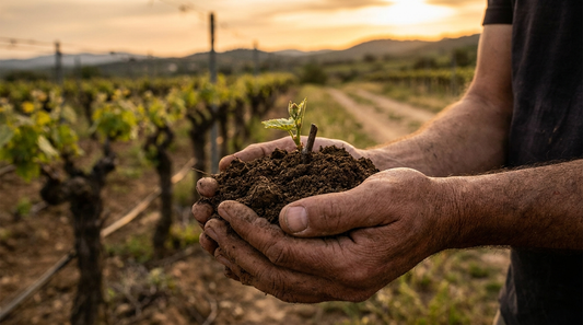 Hands cupping dark soil with a young grapevine in an organic vineyard