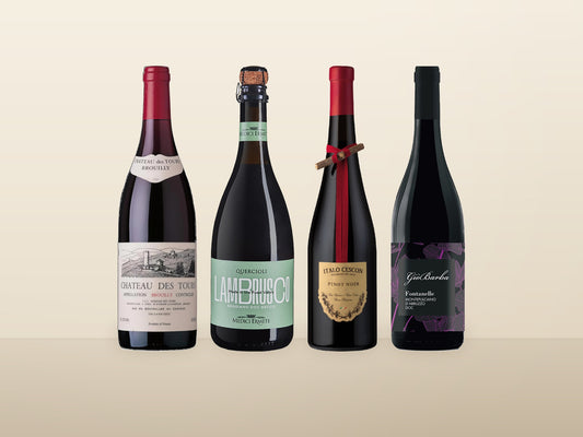 The four bottles in the Chillable Reds Case: Château des Tours Brouilly, Medici Ermete dry Lambrusco, Italo Cescon Pinot Noir and Gio Barba Fontanelle