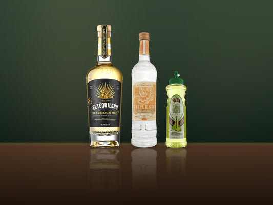 El Tequileño Sassenach Select reposado, Stirrings triple sec and lime juice on a dark bar top