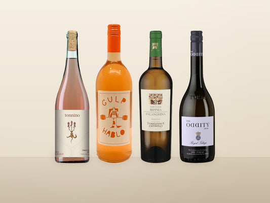 The four bottles in the Orange Wine Case: Tonnino ramato Pinot Grigio, Gulp/Hablo La Mancha Orange, Terredora Falanghina and Royal Tokaji Oddity Furmint