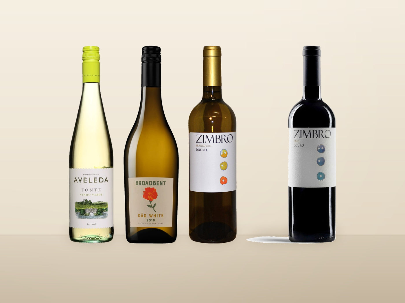 The four bottles in the Portugal bundle: Aveleda Vinho Verde, Broadbent Dão White and two Quinta Do Zimbro Douro wines