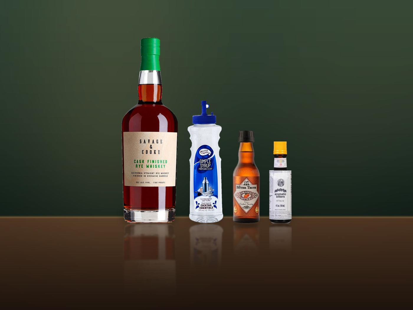 Savage & Cooke Grenache Cask Rye, simple syrup, Bitter Truth orange bitters and Angostura on a dark bar top