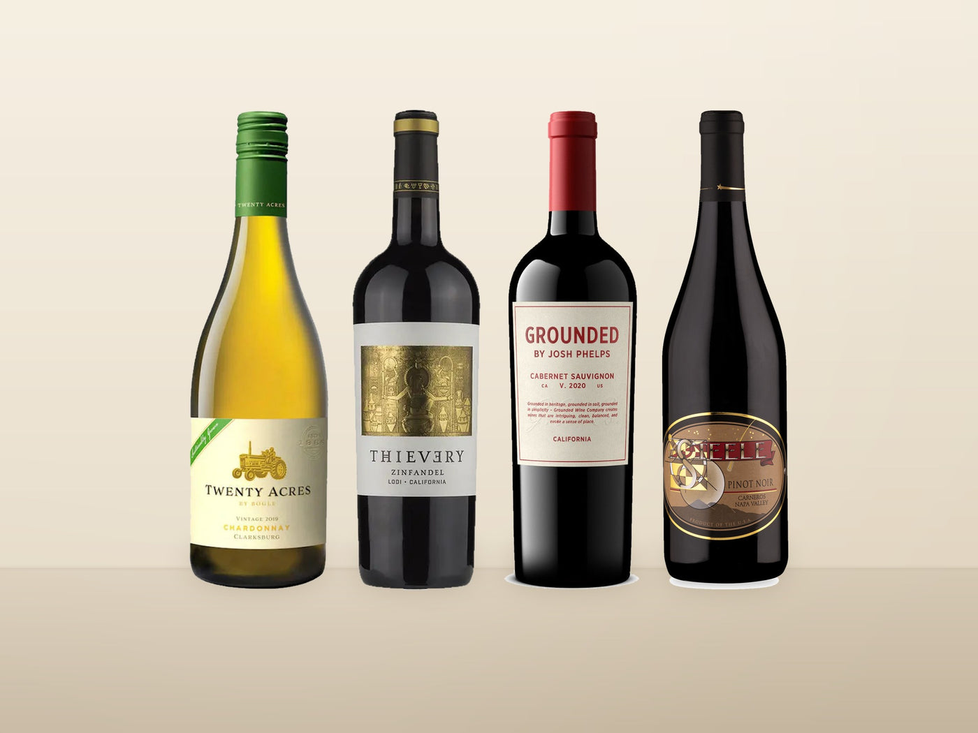 The four bottles in the America bundle: Twenty Acres Chardonnay, Thievery Zinfandel, Grounded Cabernet Sauvignon and Steele Carneros Pinot Noir