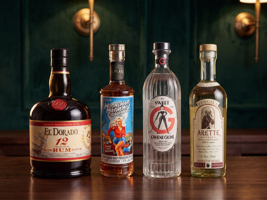 The Intermediate Bar Kit: El Dorado 12 Year Demerara rum, Filmland Moonlight Mayhem 2 white-port-cask bourbon, Sweet Gwendoline French gin and Arette Artesanal Suave reposado on a bar
