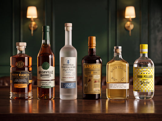 The Pro Bar Kit: Frey Ranch cask strength bourbon, Nashville Barrel rye, Tequila Ocho Plata, Hampden Estate 8 year rum, Kings County single malt and Four Pillars yuzu gin on a bar