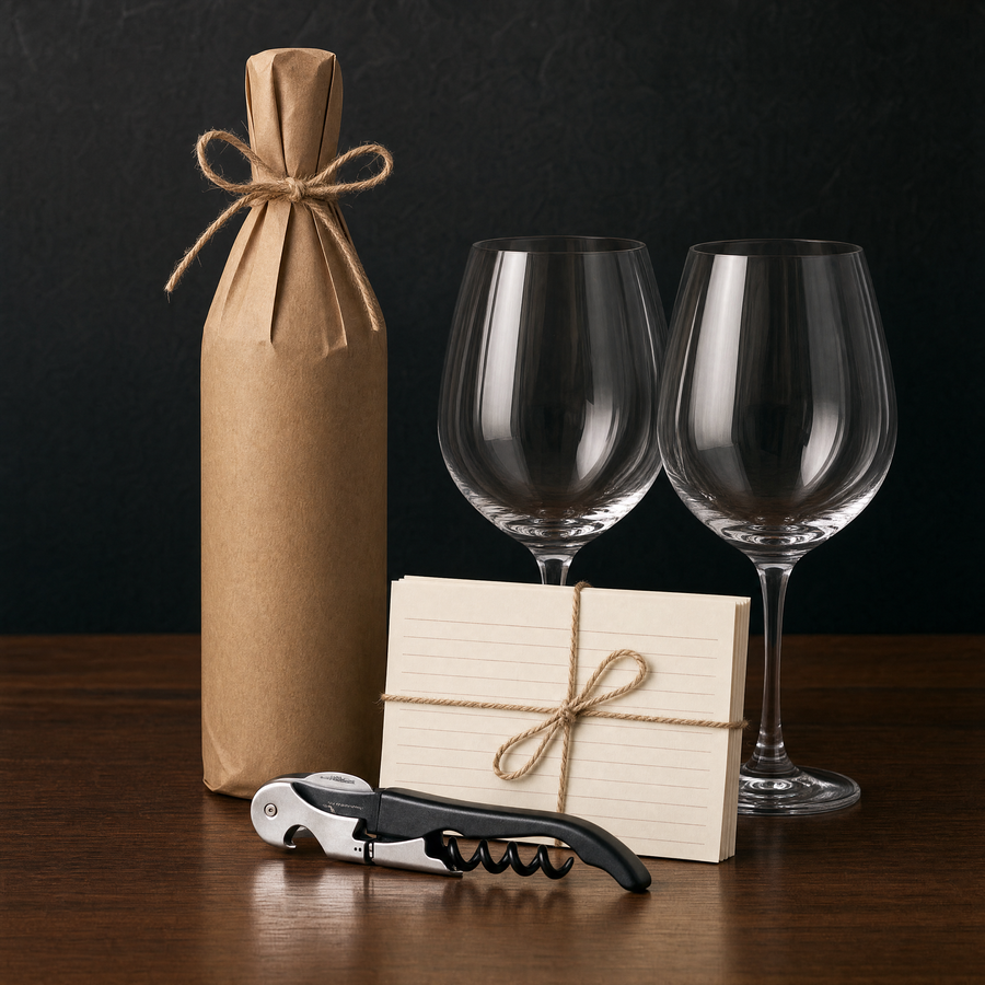 Wine Club Welcome Kit — bonus bottle, two wine glasses, corkscrew and tasting cards