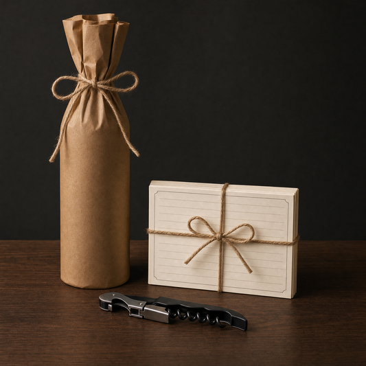 Wine Club 4-bottle welcome kit: kraft-wrapped bonus bottle, tasting cards, and a black corkscrew (no glasses)