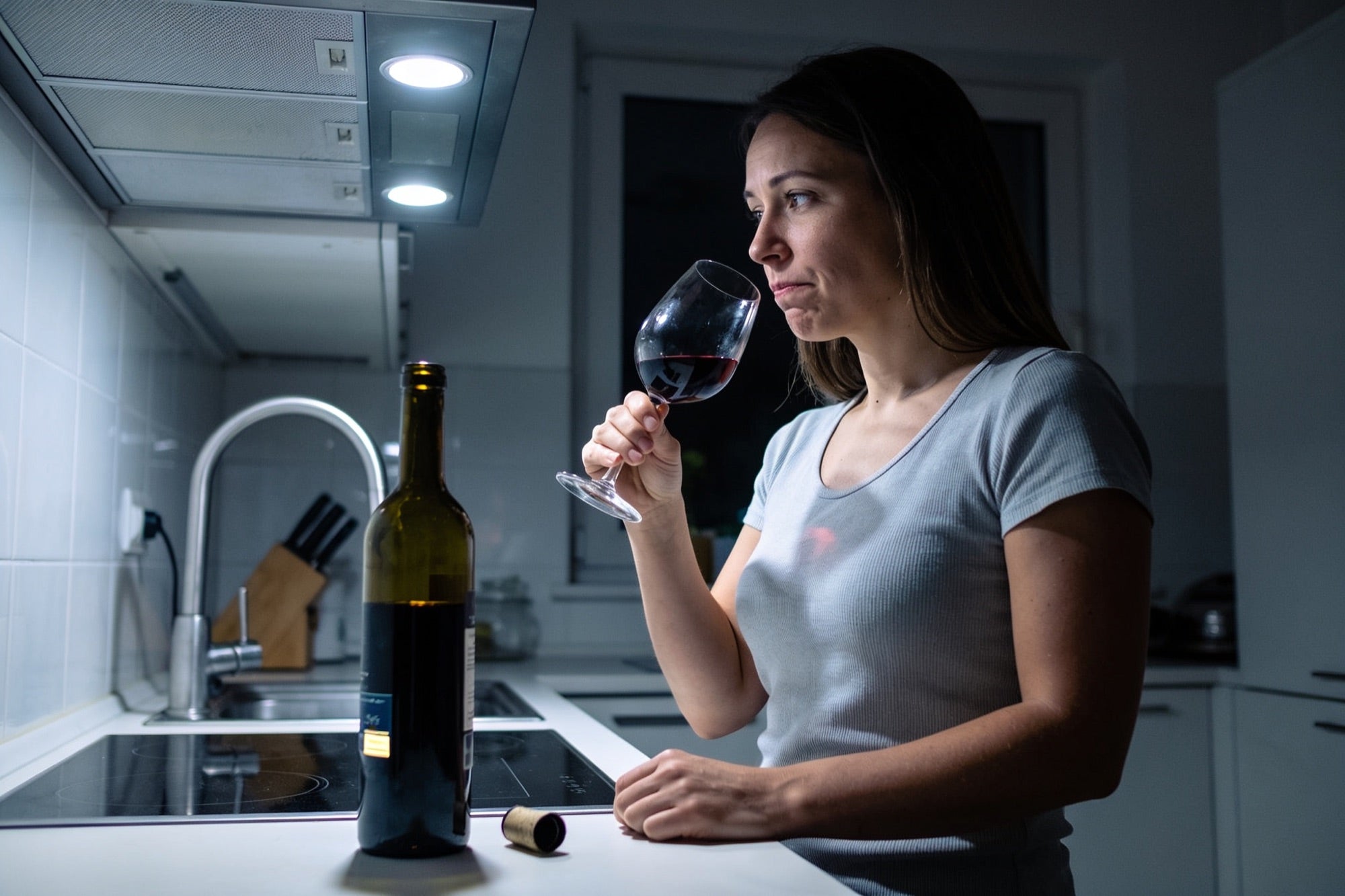 The same forgettable supermarket wine, alone at the end of another day